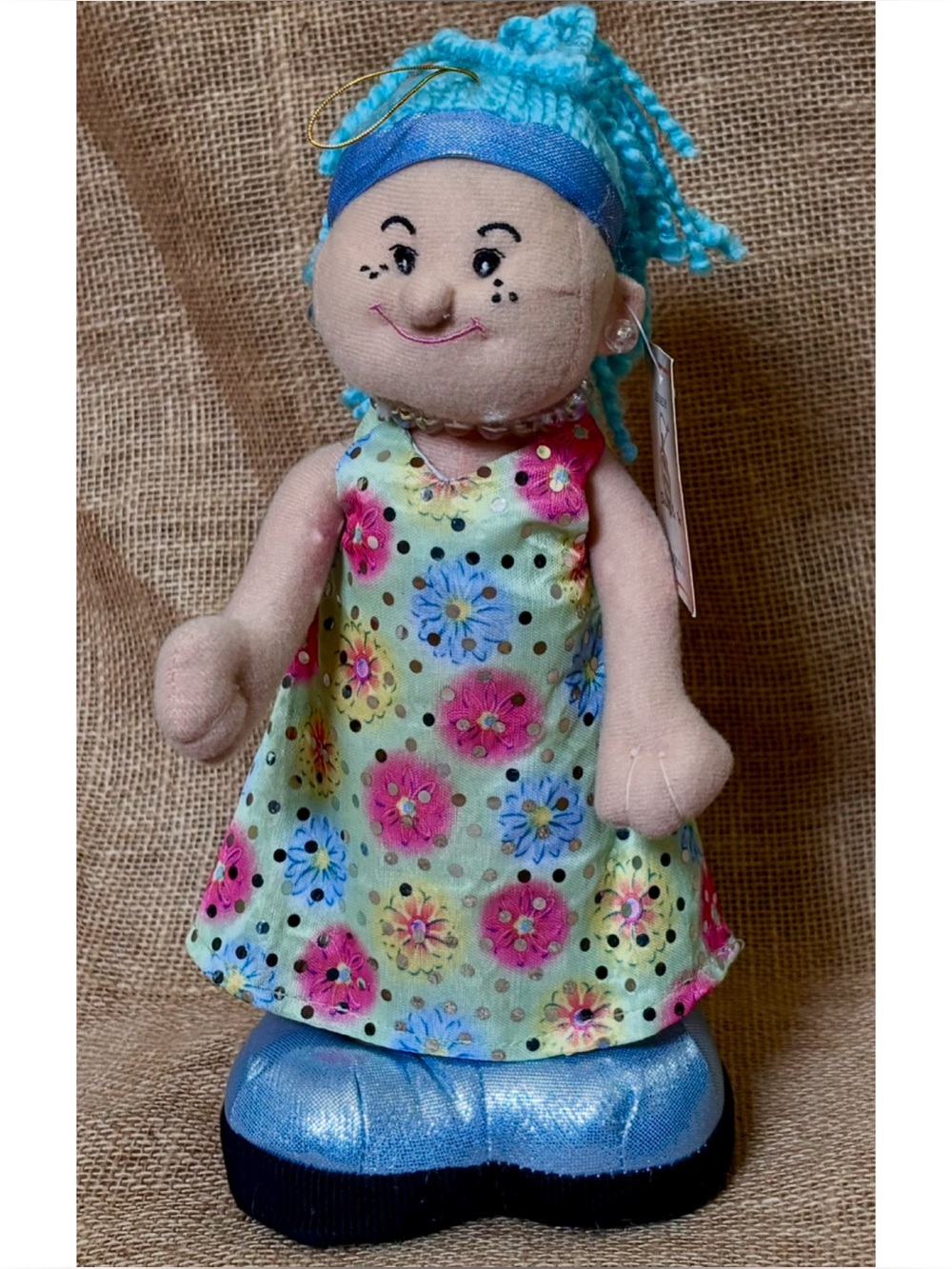 Vintage Shalom Co Stuffed Doll Blue Hair Floral Dress Girl Woman Plush Eclectic